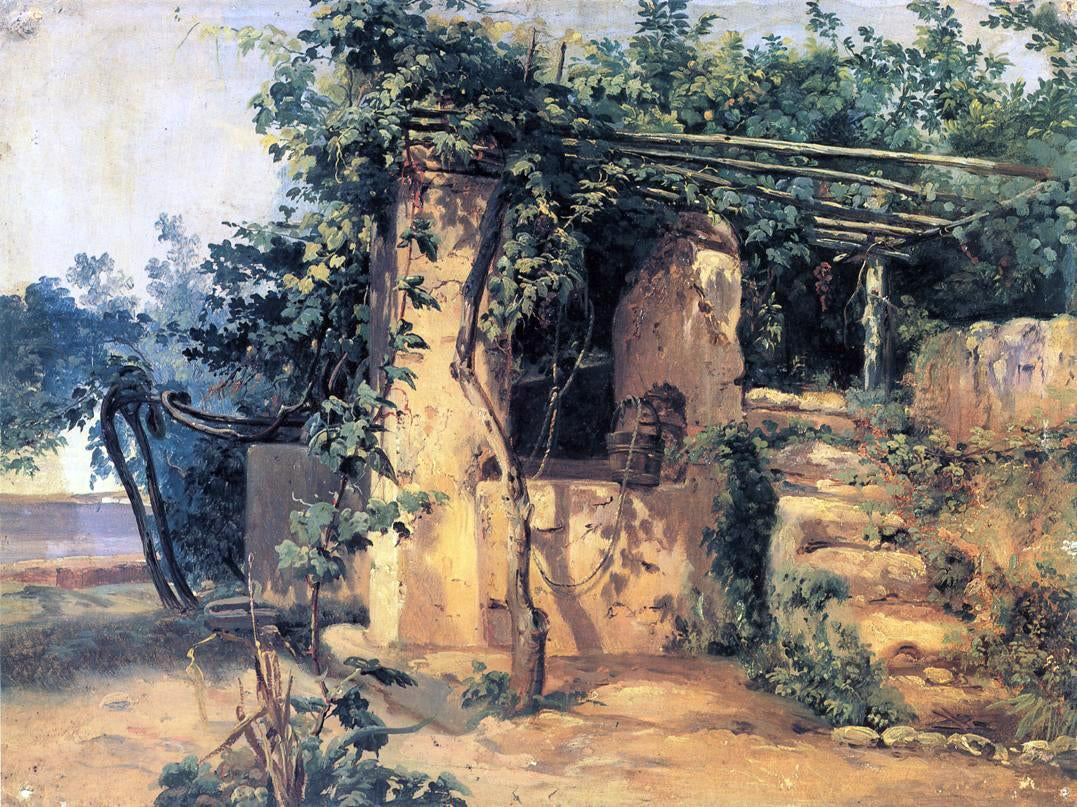  Johann Baptist Kirner A Vine-Covered Terrace with a Well and a View of the Sea - Hand Painted Oil Painting