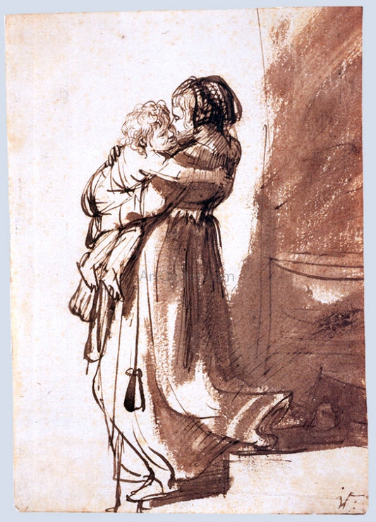 Rembrandt Van Rijn Woman and Child Descending a Staircase - Hand Painted Oil Painting