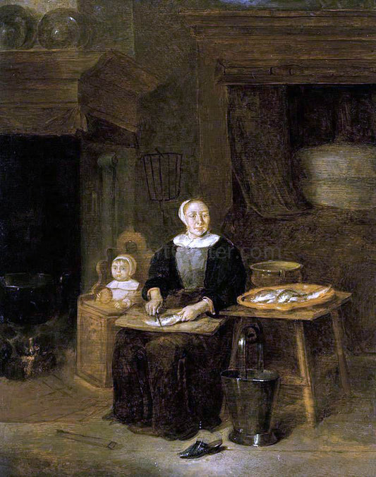  Quiringh Van Brekelenkam A Woman Scaling Fish - Hand Painted Oil Painting