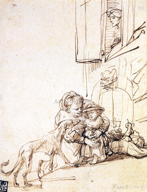  Rembrandt Van Rijn Woman with a Child Frightened by a Dog - Hand Painted Oil Painting
