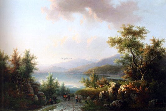  Willem De Klerk A Wooded Hilly Landscape With Travellers On  A Track Near A Lake - Hand Painted Oil Painting