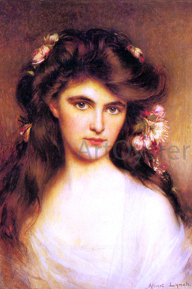  Albert Lynch A Young Beauty with Flowers in her Hair - Hand Painted Oil Painting