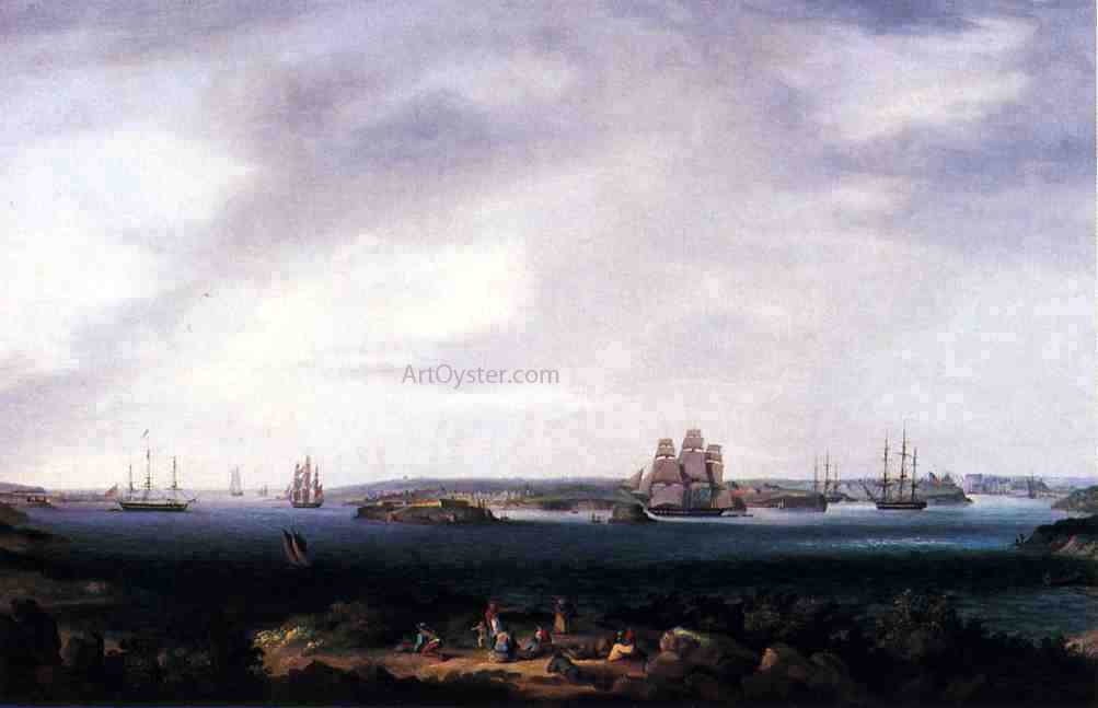  Thomas Birch American Warships Anchored at Port Mahon, Spain - Hand Painted Oil Painting