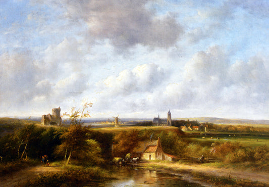  Jan Evert Morel An Extensive Summer Landscape with Peasants by a Farm, A Village in the Distance - Hand Painted Oil Painting