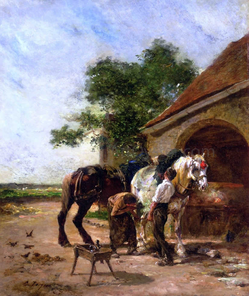 Charles Emile Jacque Attending to the Horses - Hand Painted Oil Painting