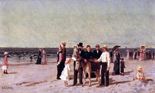  Samuel S Carr Beach Scene with Punch and Judy Show - Hand Painted Oil Painting