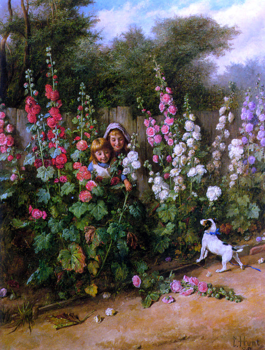  Charles Hunt Behind the Hollyhocks - Hand Painted Oil Painting