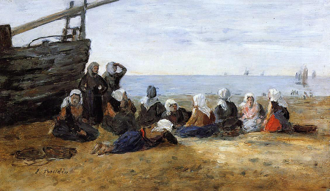  Eugene-Louis Boudin Berck, Group of Fishwomen Seated on the Beach - Hand Painted Oil Painting