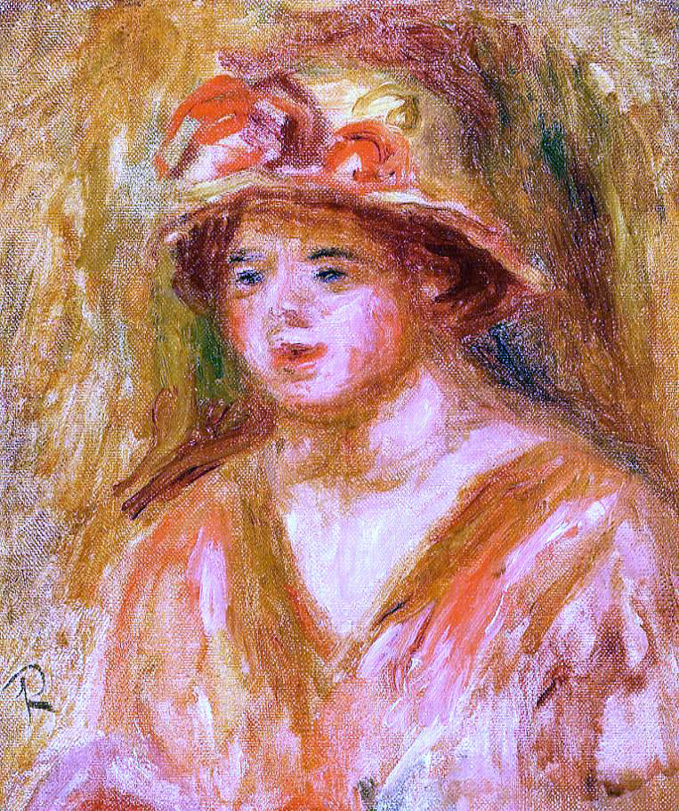  Pierre Auguste Renoir Bust of a Young Girl in a Straw Hat - Hand Painted Oil Painting