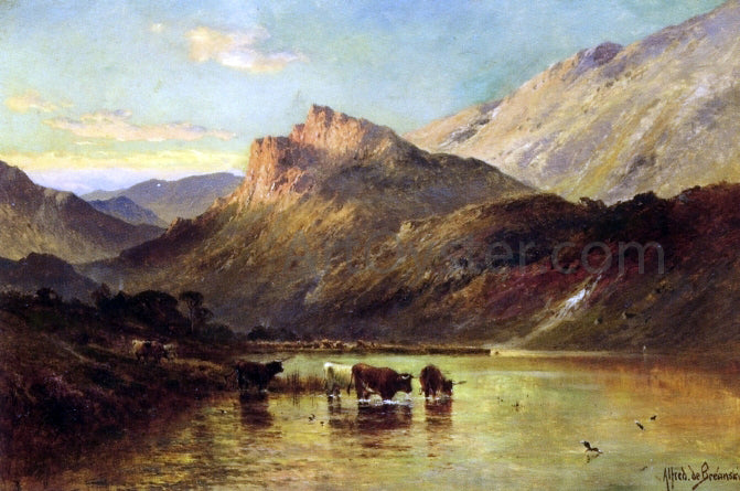  Senior Alfred De Breanski Cattle Watering in a Mountainous Landscape - Hand Painted Oil Painting