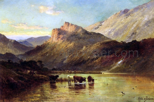  Senior Alfred De Breanski Cattle Watering in a Mountainous Landscape - Hand Painted Oil Painting