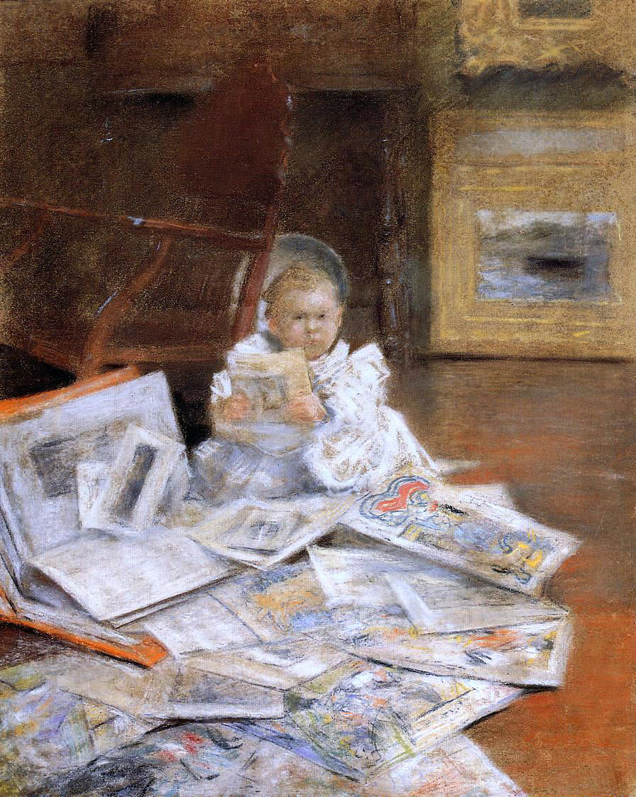  William Merritt Chase Child with Prints - Hand Painted Oil Painting