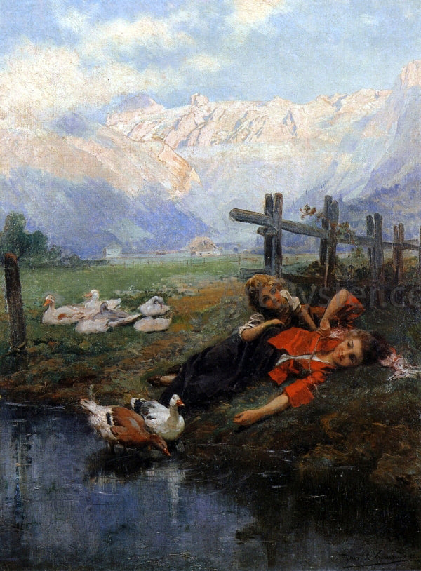  Daniel Hernandez Children and Geese by a Pond - Hand Painted Oil Painting