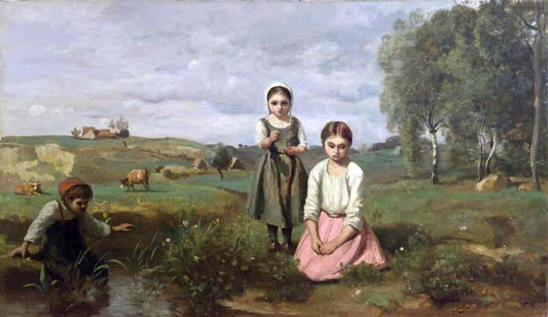  Jean-Baptiste-Camille Corot Children at the Edge of a Stream in the Countryside near Lormes - Hand Painted Oil Painting