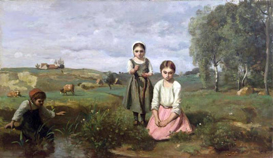  Jean-Baptiste-Camille Corot Children at the Edge of a Stream in the Countryside near Lormes - Hand Painted Oil Painting