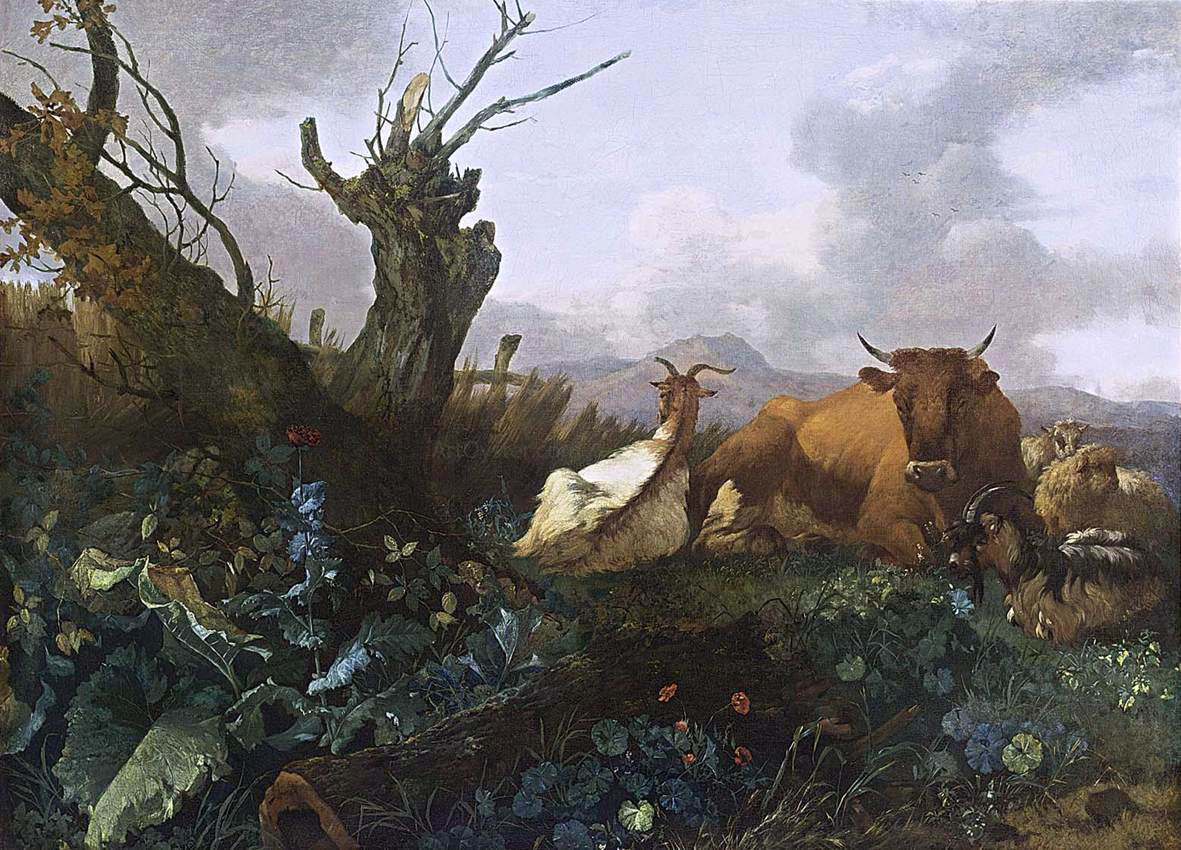  Willem Romeijn Cow, Goats and Sheep in a Meadow - Hand Painted Oil Painting