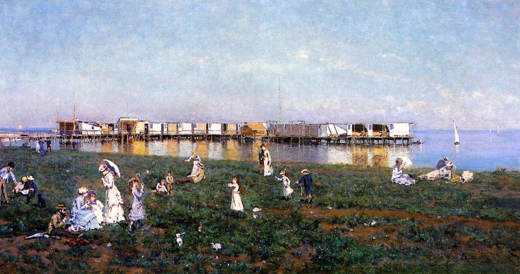  Serafin De Avendano Elegant Figures on the Beach, the Bay of Livorno - Hand Painted Oil Painting