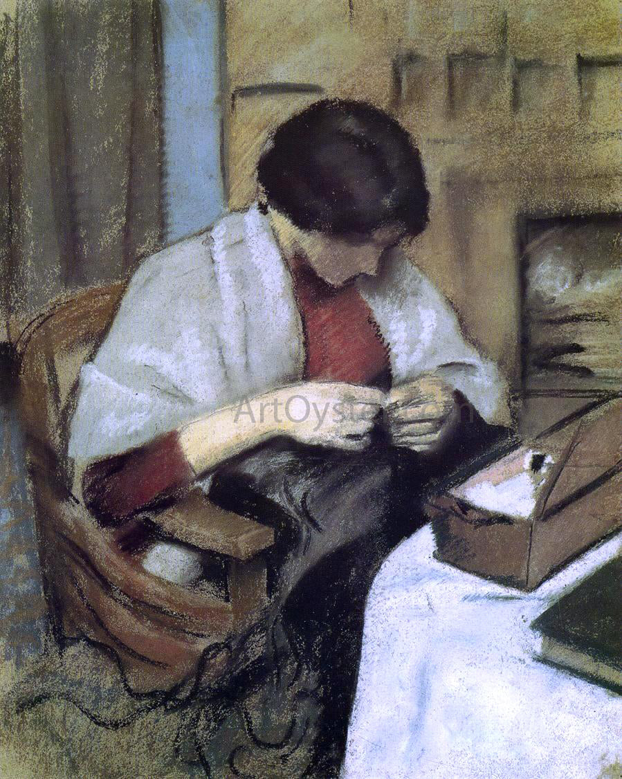  August Macke Elizabeth Gerhardt, Sewing (also known as Girl Sewing) - Hand Painted Oil Painting