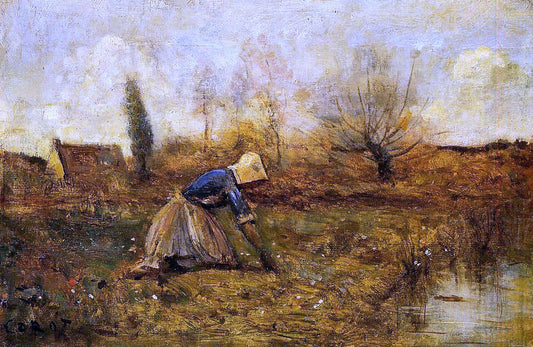  Jean-Baptiste-Camille Corot Farmer Kneeling Picking Dandelions - Hand Painted Oil Painting