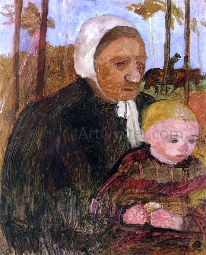  Paula Modersohn-Becker Farmwoman with Child, Rider in the Background - Hand Painted Oil Painting