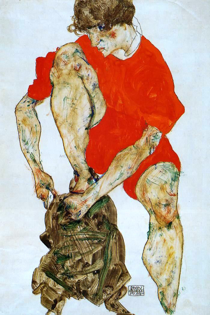  Egon Schiele Female Model in Bright Red Jacket and Pants - Hand Painted Oil Painting