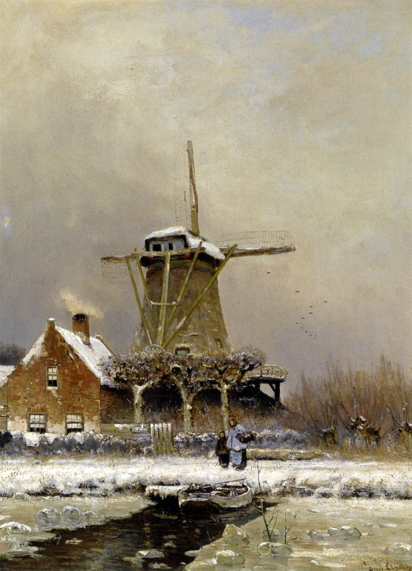  Louis Apol Figures by a Windmill in a Snow Covered Landscape - Hand Painted Oil Painting