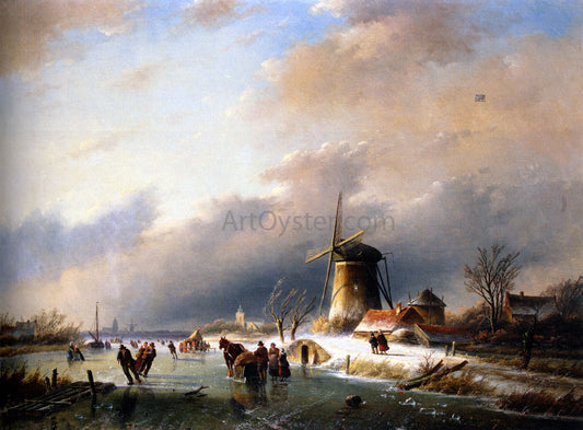  Jan Coenraad Spohler Figures Skating on a Frozen River - Hand Painted Oil Painting