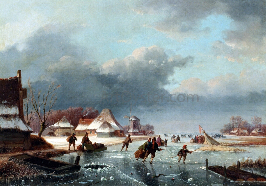  Andreas Schelfhout Figures Skating on a Frozen River - Hand Painted Oil Painting