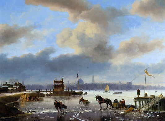  Nicolaas Johannes Roosenboom Figures Skating on the Ij, with Amsterdam Beyond - Hand Painted Oil Painting