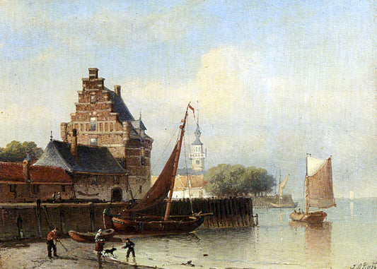  Johan Adolph Rust Fisherfolk On A Riverbank By A Town - Hand Painted Oil Painting