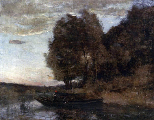  Jean-Baptiste-Camille Corot Fisherman Boating Along a Wooded Landscape - Hand Painted Oil Painting