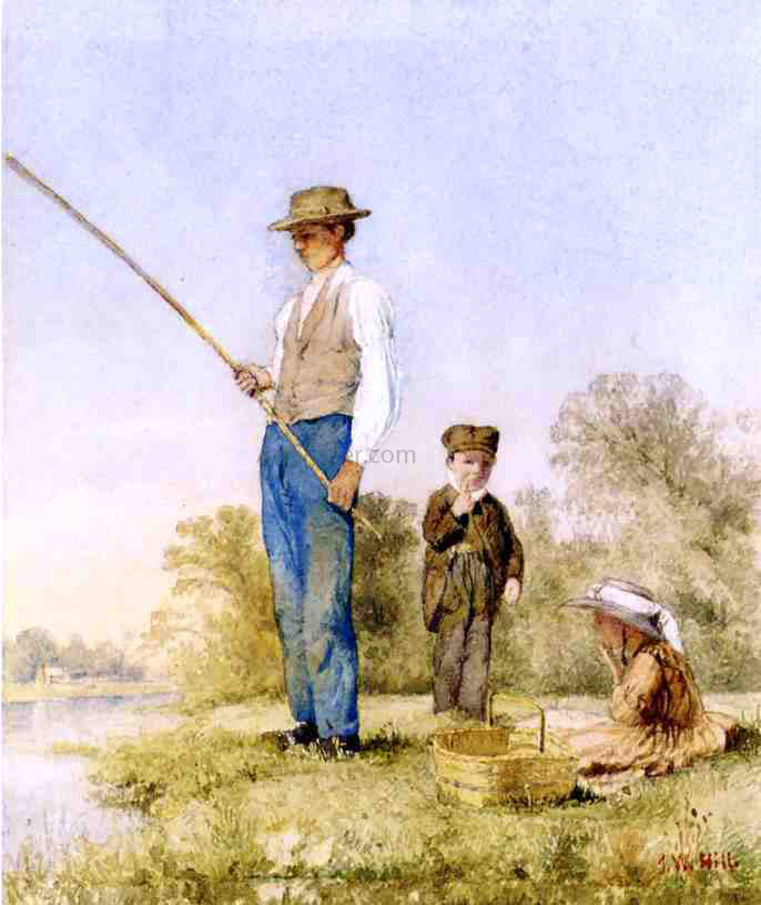  John William Hill Fishing on a Lake - Hand Painted Oil Painting