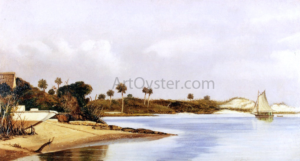  William Aiken Walker Florida Beach Scene with Beached Boat and Sailboat in Water - Hand Painted Oil Painting