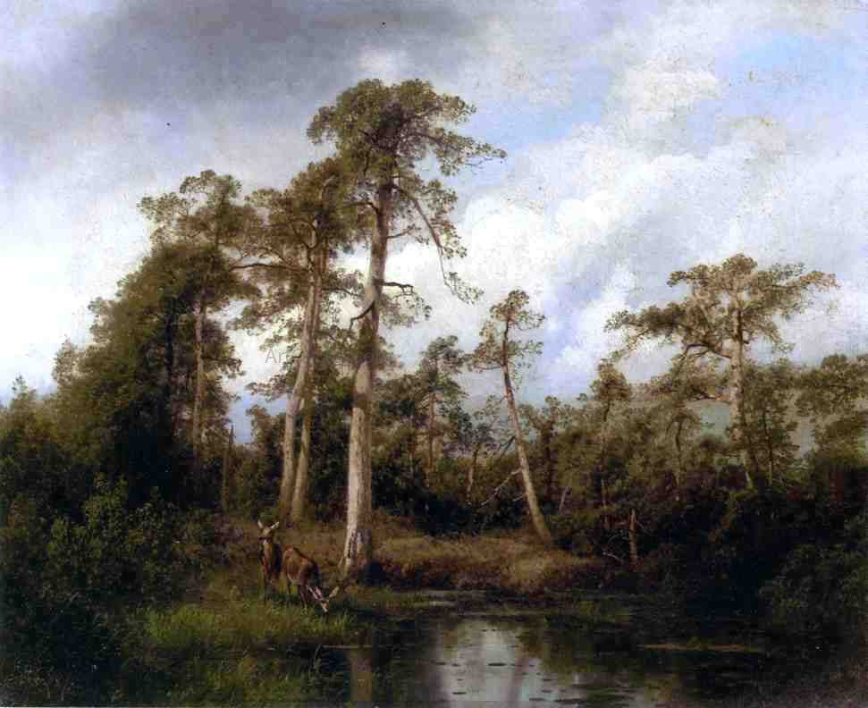  Herman Herzog Florida Live Oaks with Deer - Hand Painted Oil Painting