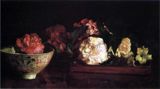  John La Farge Flowers in a Japanese Tray on Mahogany Table - Hand Painted Oil Painting