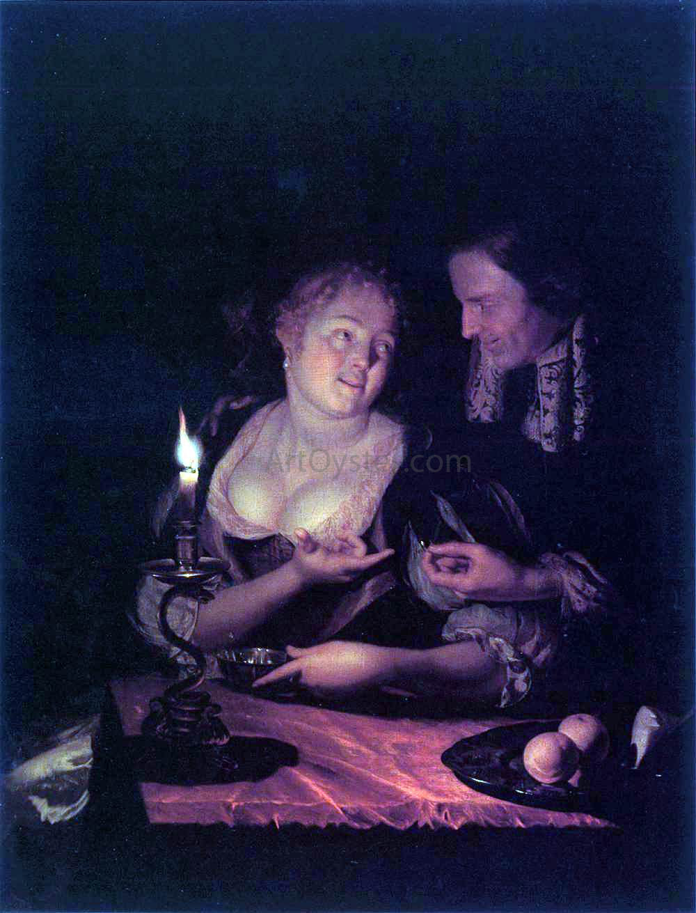  Godfried Schalcken Gentleman Offering a Lady a Ring in a Candlelit Bedroom - Hand Painted Oil Painting
