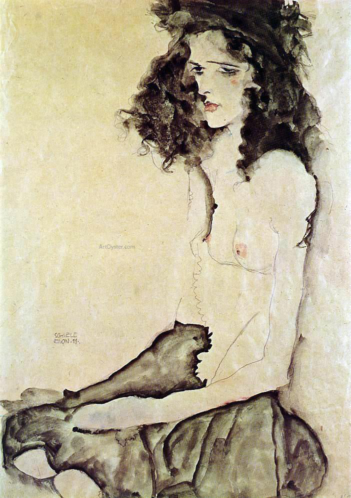  Egon Schiele Girl in Black - Hand Painted Oil Painting