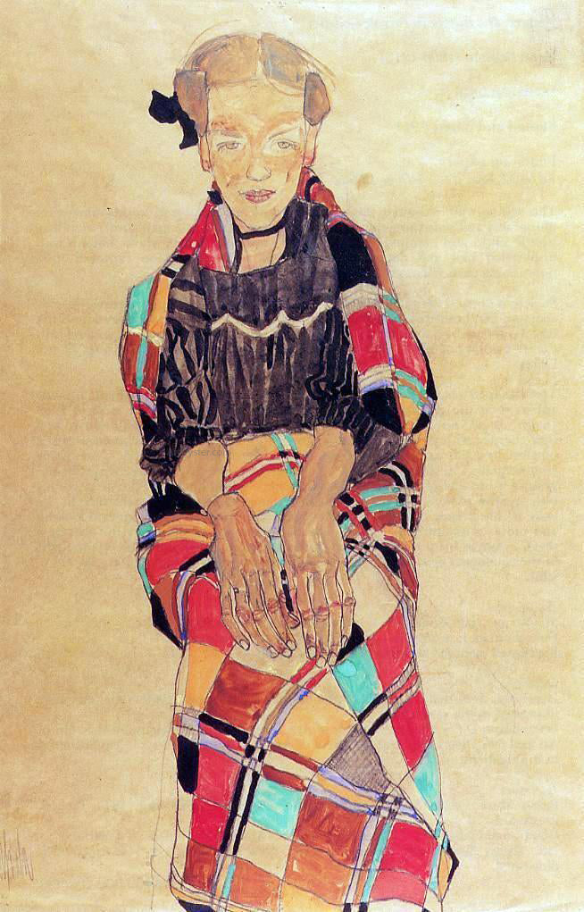  Egon Schiele Girl in Black Pinafore, Wrapped in Plaid blanket - Hand Painted Oil Painting