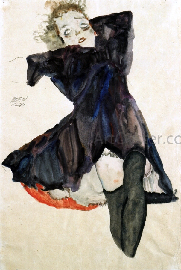  Egon Schiele Girl in Blue Dress - Hand Painted Oil Painting