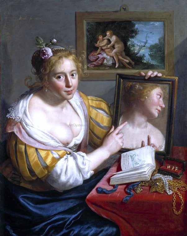  Paulus Moreelse Girl with a Mirror (Allegory of Profane Love) - Hand Painted Oil Painting