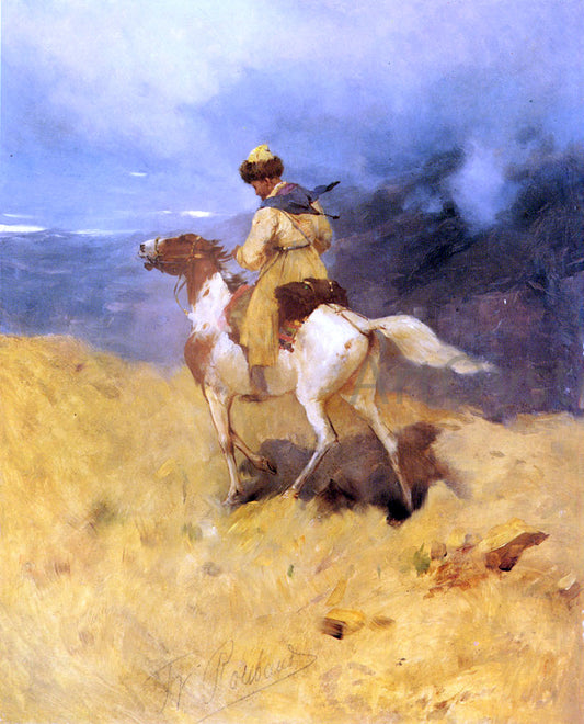  Franz Roubaud A Horseman in a Mountainous Landscape - Hand Painted Oil Painting