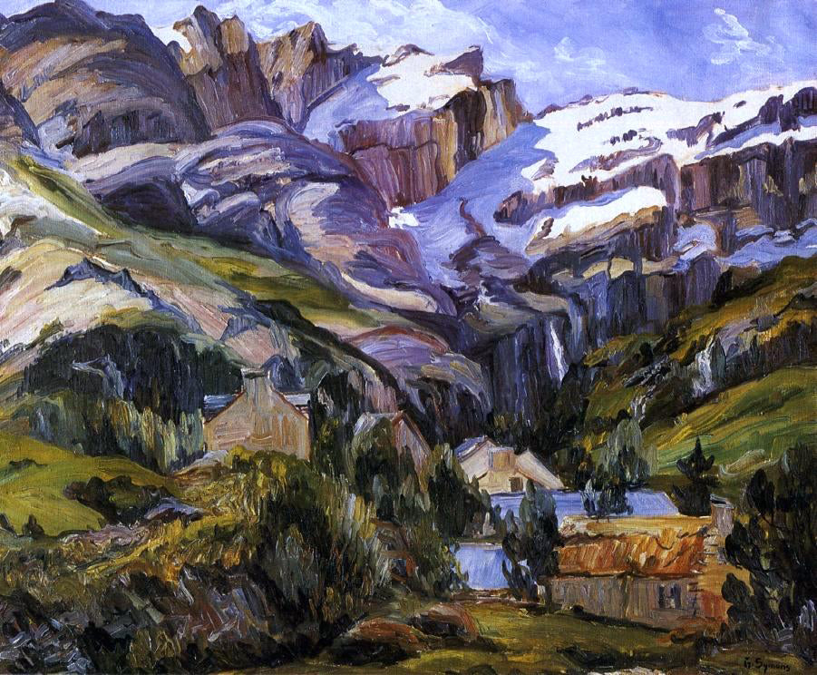  George Gardner Symons Houses at the Base of Snow Capped Mountains - Hand Painted Oil Painting