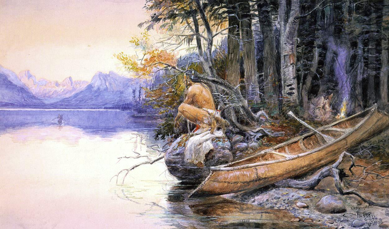  Charles Marion Russell An Indian Camp - Lake McDonald - Hand Painted Oil Painting