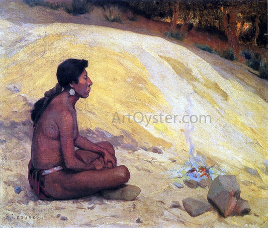  E Irving Couse Indian Seated by a Campfire - Hand Painted Oil Painting