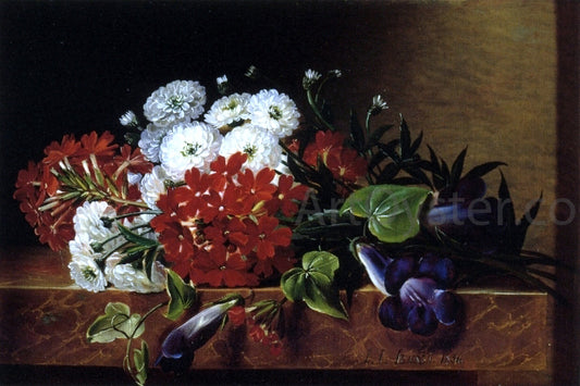 Johan Laurentz Jensen Iris, Dahlia, Pelargonium and Ivy Leaves on a Brown Marble Ledge - Hand Painted Oil Painting