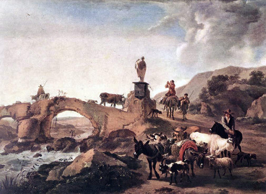  Nicolaes Berchem Italian Landscape with Bridge - Hand Painted Oil Painting