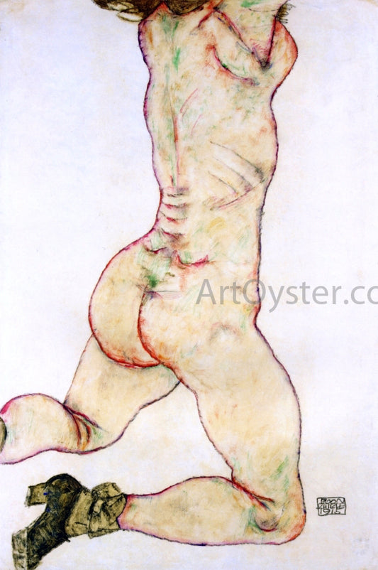  Egon Schiele Kneeling Female Nude, Back View - Hand Painted Oil Painting
