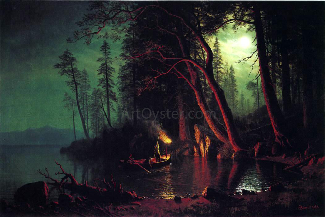  Albert Bierstadt Lake Tahoe, Spearing Fish by Torchlight - Hand Painted Oil Painting