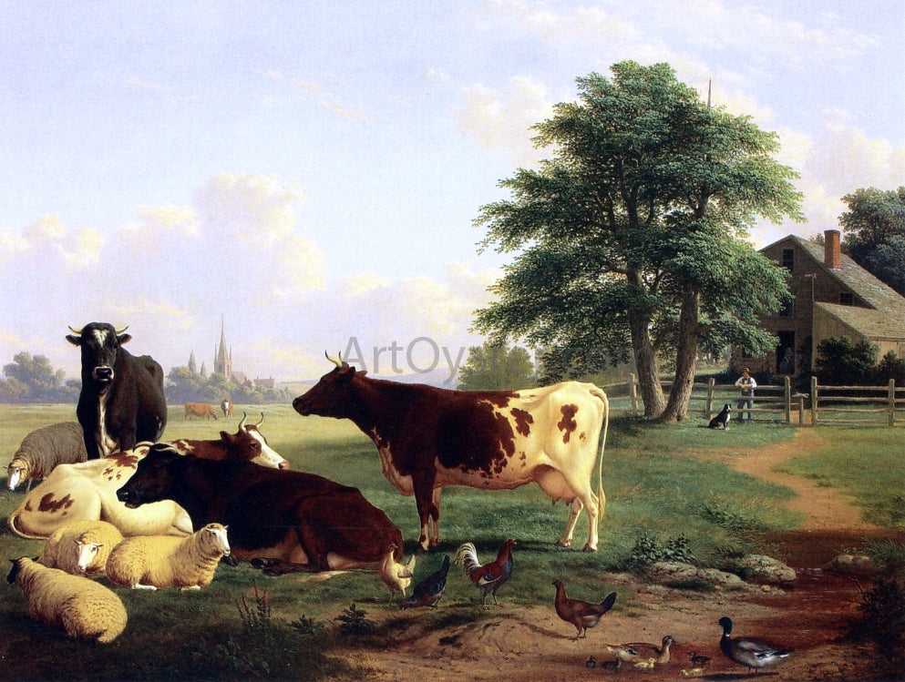  Thomas Hewes Hinckley Landscape,: Cattle, Woman, Boy and Newfoundland Dog - Hand Painted Oil Painting