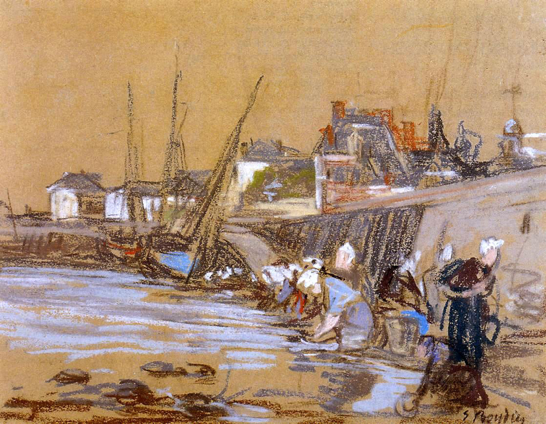  Eugene-Louis Boudin Laundresses in the Port of Honfleur - Hand Painted Oil Painting